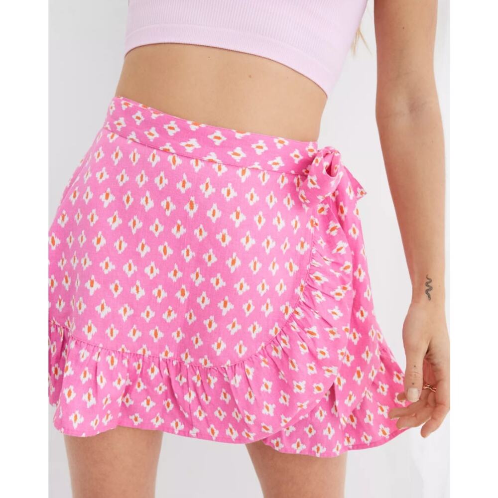 Aerie Women's Lip Gloss Pink Ikat Print Ruffle Wrap Mini Skirt‎ Linen Size Large